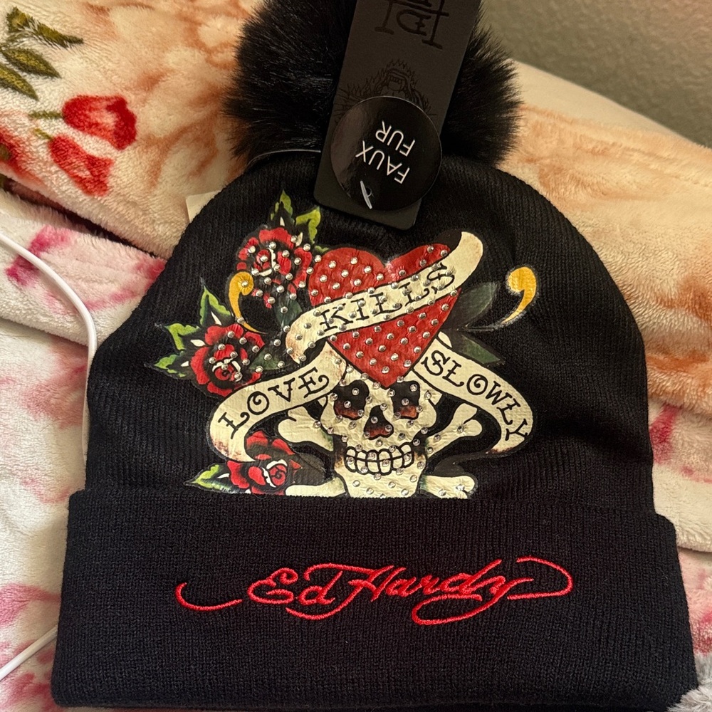 Ed Hardy Black Beanie with Skull and Heart Motif